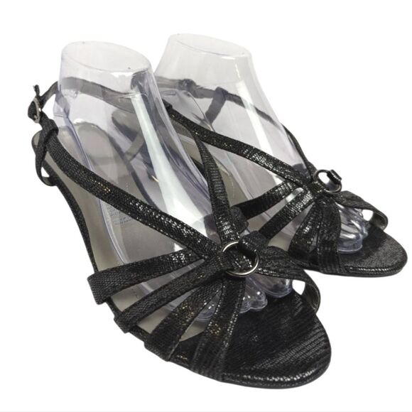 East 5th Gotham Black Metallic Strappy O-ring Sandal Low kitten Heels Women's 11 - Picture 1 of 7